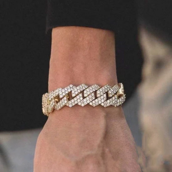 Bracciale a catena Hip Hopcuban con maglie di diamanti Def Moissanite ghiacciato in argento alla moda